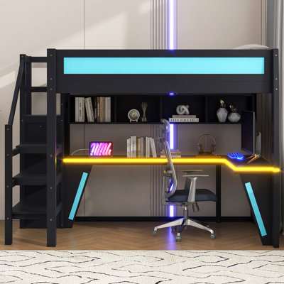 Full Size Loft Bed with Desk and Wardrobe, Gaming Loft Bed Frame with LED Lights & Built-In USB Charging Station, Blue