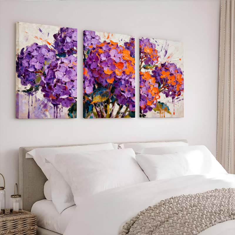 Tableau mural sur toile tendue, motif floral d'hortensias violets, style abstrait moderne (paquet de 3), H 18 po x l 36 po