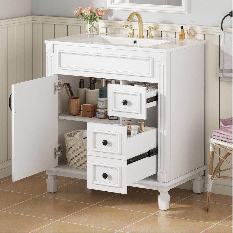 30" Bathroom Vanity with Ceramic Sink, Small Bathroom Sink Cabinet, Modern Cabinet with 2 Drawers and Adjustable Shelf - Freestanding Vanity Set with Soft-Close Hinges for Apartment, Powder Room, and Cozy Spaces