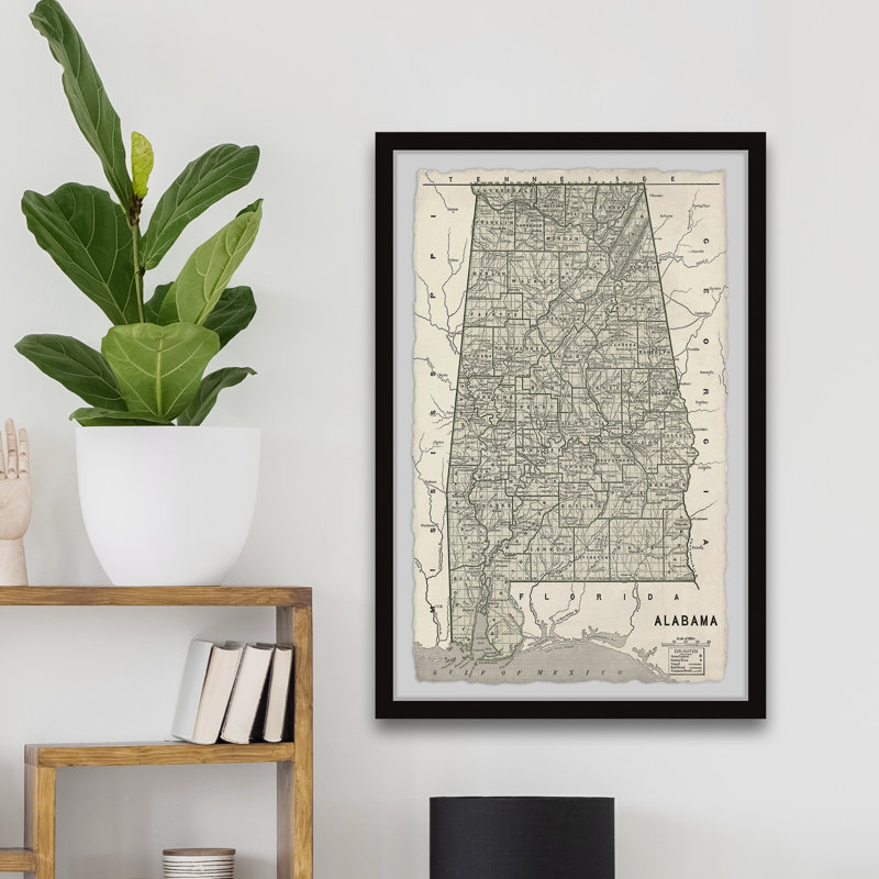 Carte de l'Alabama gris - impression encadrée sur papier, H 30 po x l 20 po x P 1,5 po