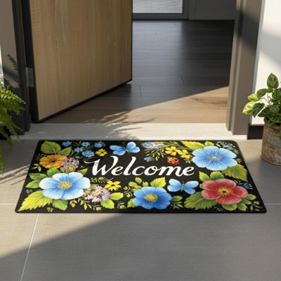 Welcome Mat 17X29 Inch Spring Summer Outdoors Indoors Front Door Mat, Low Profile Doormat For Outside Inside Home Entrance, Non Slip Rubber Back Floor Rugs For Entryway, Floral