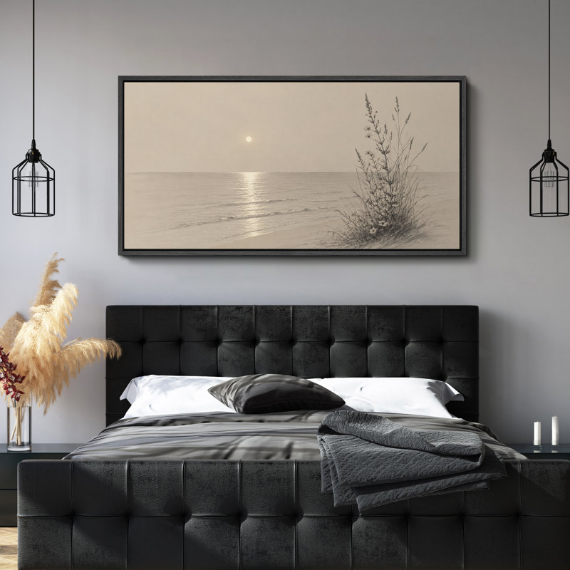 «Neutral Coastal Seascape Sun Reflection Minimalist Wall Decor», reproduction d'art sur toile encadrée, Noir