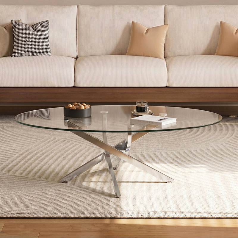 Table basse OVAL, table d'appoint en verre de 39,37 po avec pieds argentés, table à thé moderne pour le salon, Argent antique