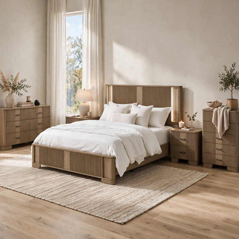 Ensemble de chambre à coucher grand lit, éclairage DEL, chêne brun, 4 pièces avec 2 NS, commode, Grand lit