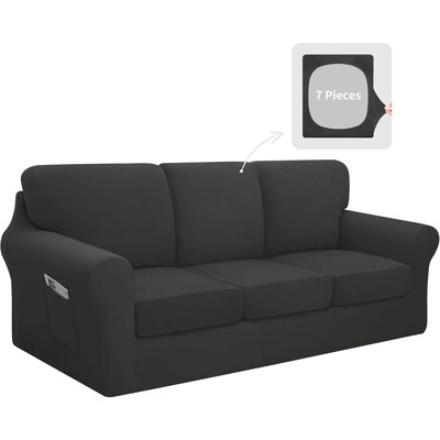7-Piece Stretch Sofa Cover Set – Dark Grey – Washable Slipcovers For 3 Backrest And Seat Cushions, Anti-Slip Furniture Protector With Elastic Bottom, Large