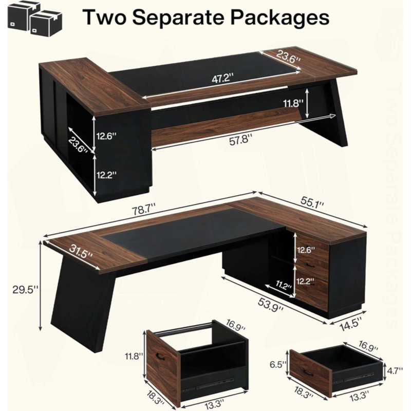 Bureau de direction en L avec classeur et tiroirs, grand poste de travail d'ordinateur moderne avec tablettes de rangement