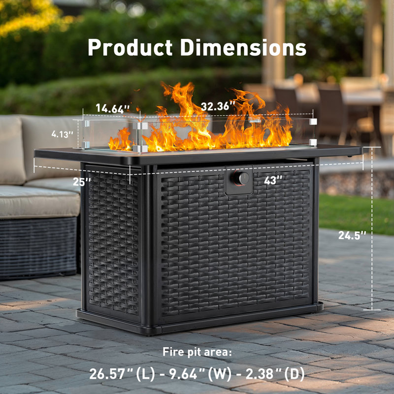 43" Fire Pit Table Propane Outdoor Fireplace with Glass Rocks, Rain Cover ,Glass Wind Guard,Removable Lid, 2 Cup Holders,for Patio Garden with 60,000 BTU Output