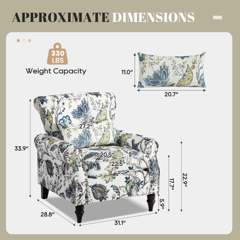 Modern Accent Chairs With Wood Legs & Lumbar Pillows, Comfy Upholstered Armchairs With Nailhead Trim, Floral Pattern Single Sofa Chairs For Living Room Bedroom, Floral（set Of 2）