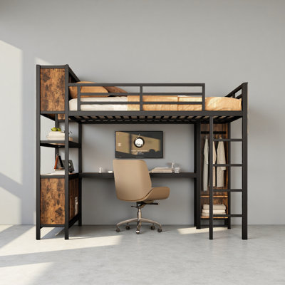 Lit mezzanine en métal avec garde-robe et bureau en L, lit mezzanine grand format avec cubes de rangement et tablettes, lit mezzanine robuste pour enfants, adolescents, adultes