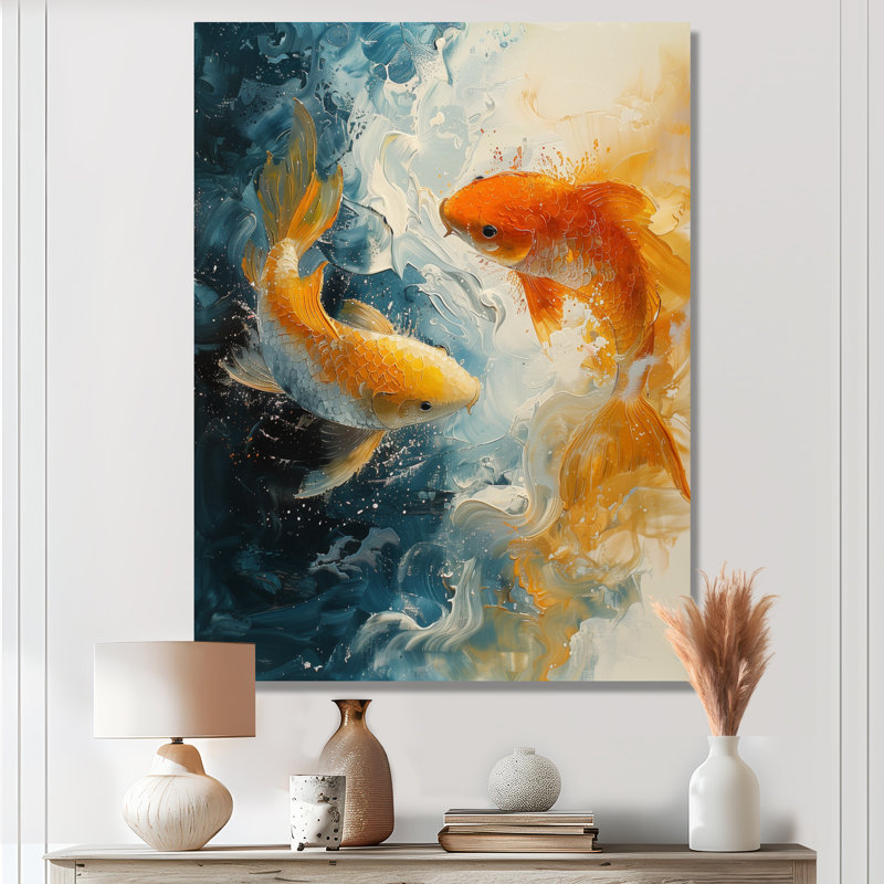 Impression d'art mural orange, vert, passionné, Poissons Koi II, H 24 po x l 32 po, Toile tendue