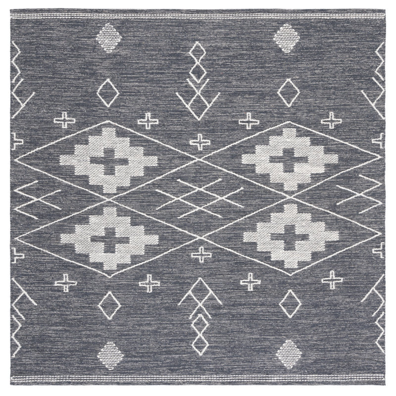 Holtby Southwestern Handmade Flatweave Wool/Cotton Charcoal/Ivory Area Rug, Square 6'
