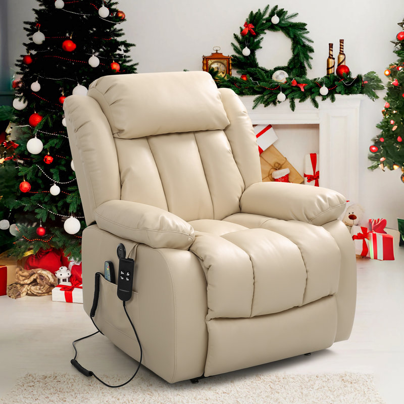 Albrechtice Lay Flat Power Recliner, Dual Motor Leather Lift Chair for Elderly with Massage & Heating, Beige