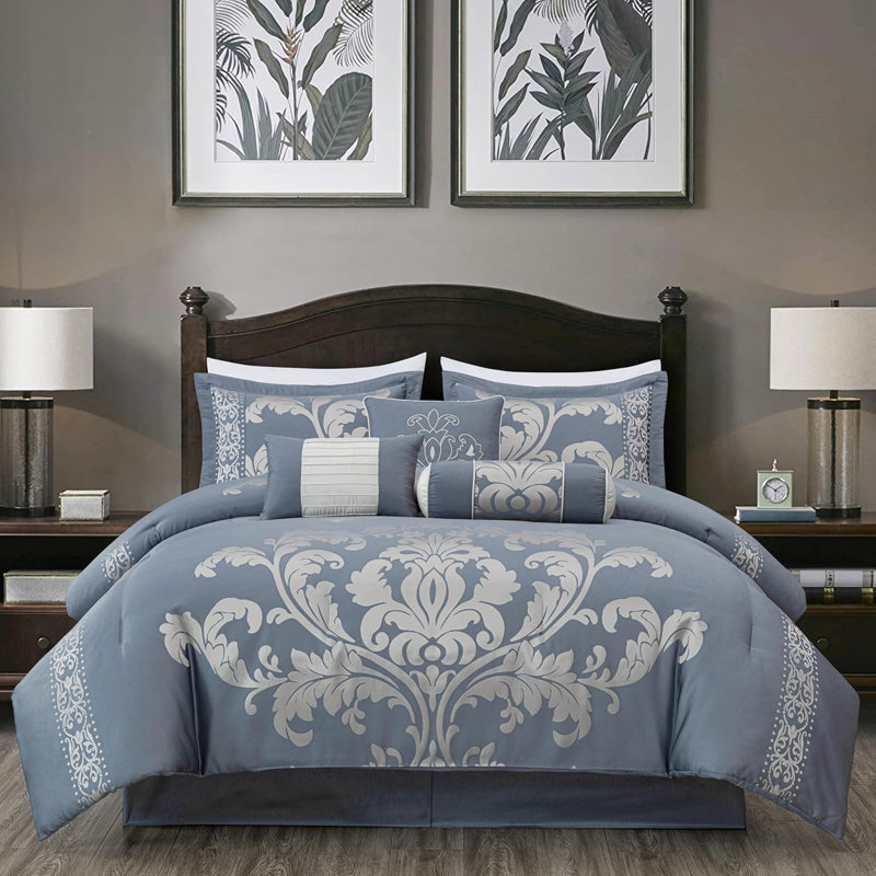 Royale Jacquard Floral 7 Piece Comforter Set, Oversized King Comforter + 6 Additional Pieces, Grayish Blue/Gray