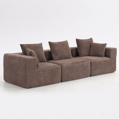 Oversized Modular Deep-Seat Sofa, 3-Piece All-Foam Sectional Couch In Soft Textured Fabric, Tool-Free Assembly, Apartment-Friendly Low Profile, 111" × 37" × 23.6"-Brown