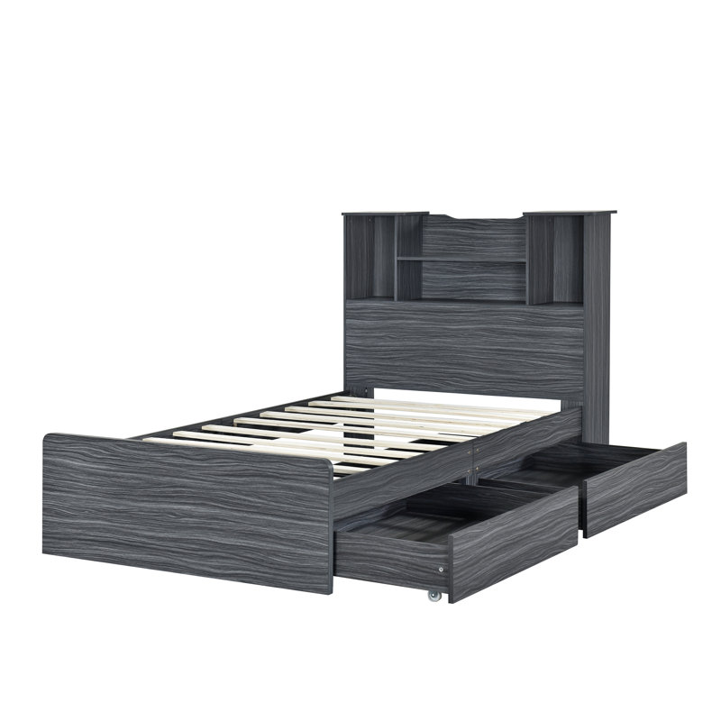 Structure de lit plateforme simple avec 4 tablettes de rangement ouvertes et 2 tiroirs de rangement, lumière DEL, gris