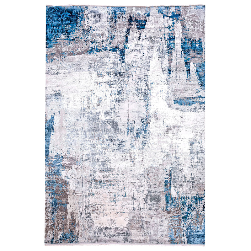 Tapis turc 6 x 9 blanc cassé et bleu Antep