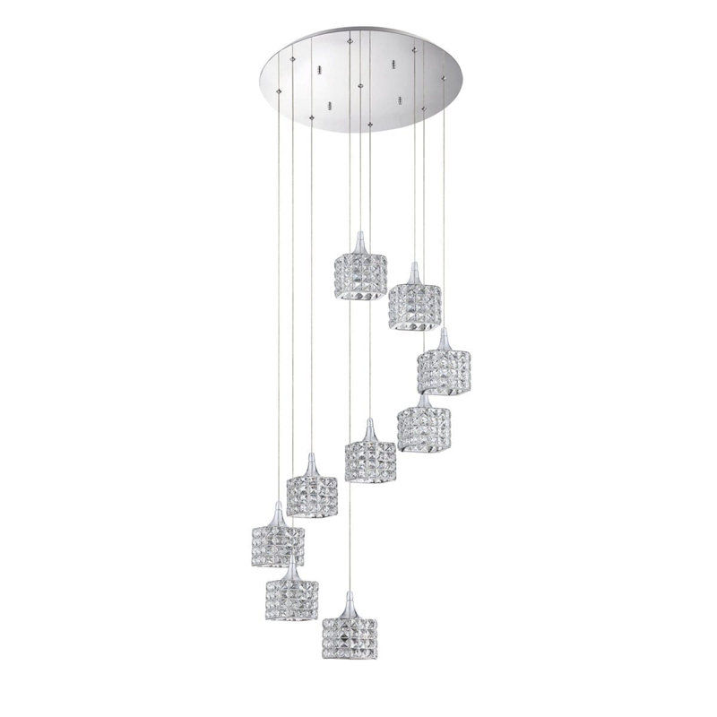 Luxueux luminaire suspendu chromé 9 lumières avec abat-jour en cristal SHIMera | Conception d'éclairage moderne