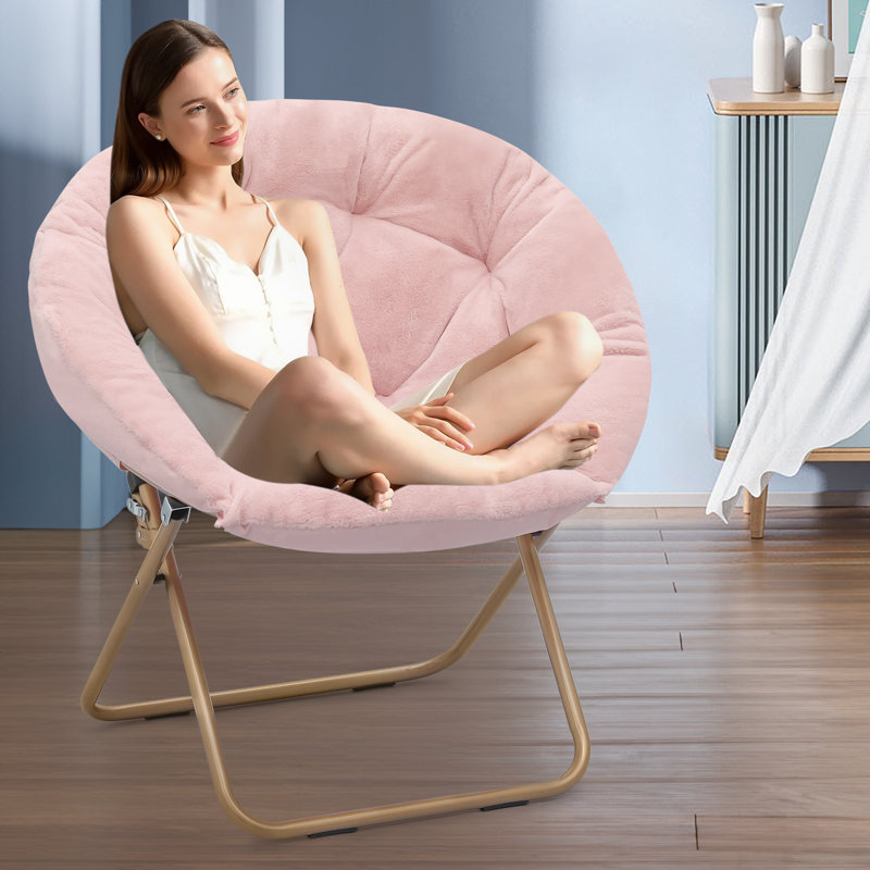 Pink Faux Fur Foldable Metal Frame Papasan Accent Chair