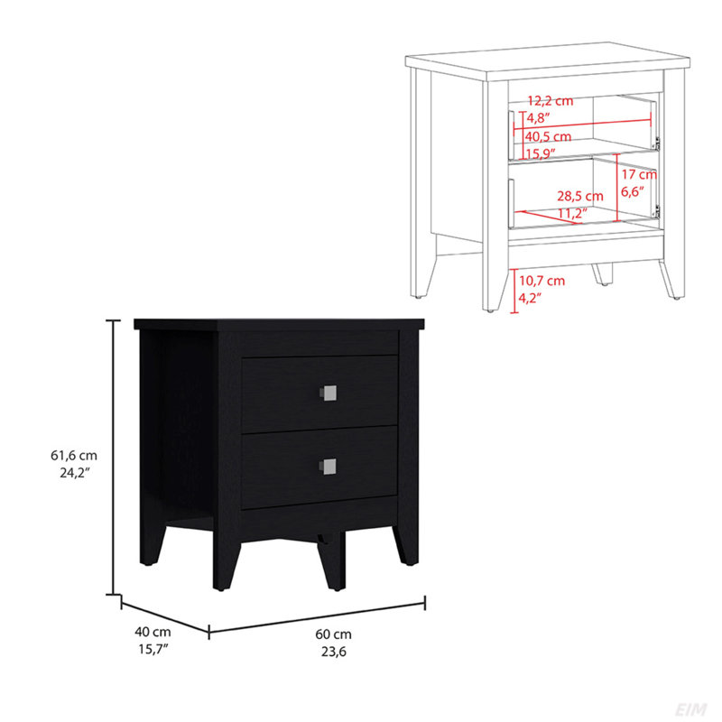 Table de chevet More, deux tablettes, quatre pieds, finition wengé noir, style moderne