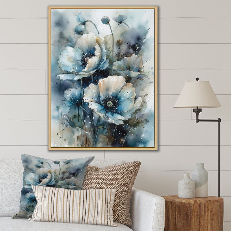 «Blue and White Poppy Bouquet Serenade I», reproduction sur toile, Cadre naturel flottant, H 44 po x l 34 po x P 1,5 po