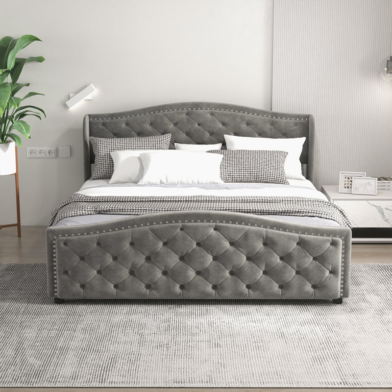 81" W King Size Tufted Upholstered Bed with Storage Drawers - Light Gray, Light Gray, King
