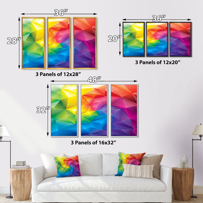 Rainbow 3D Triangular Geometric - Ensemble de 3 reproductions encadrées sur toile, H 32 po x l 48 po x P 1 po, Cadre noir