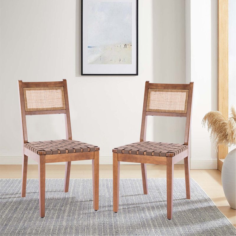 Rattan Leather Woven Strips Kitchen Dining Chair, Living Room Side Chairs 18 Inch K/D Set Of 2