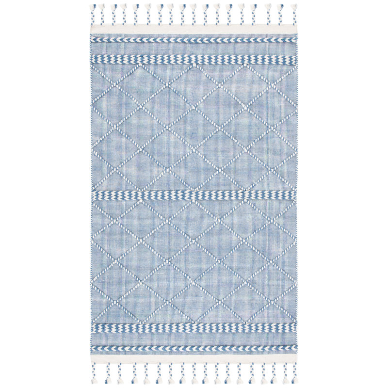 Tapis bleu clair en laine / coton tissé à la main Casablanca, Rectangle 4 pi x 6 pi
