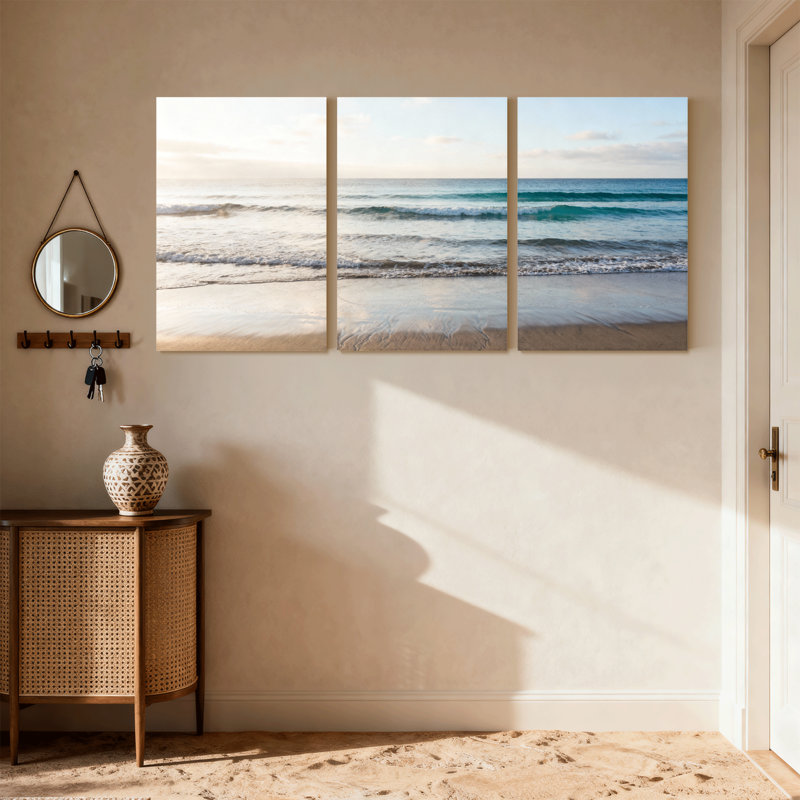 Plage, océan, vagues, plage, lever du soleil, ciel, sable, eau, horizon, ensemble de 3 impressions sur toile