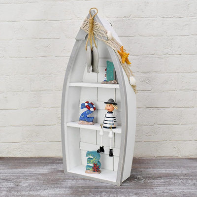 1-Piece 2-Shelf Wooden Boat Shelf – White Nautical Wall Or Tabletop Decor With Fishing Net, Starfish & Seashells