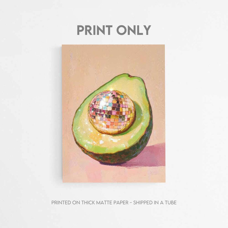 Avocado Disco Ball - Art vibrant de fruits | Impression murale personnalisable, 24" H x 18" W, Framed Print without Mat, Tan