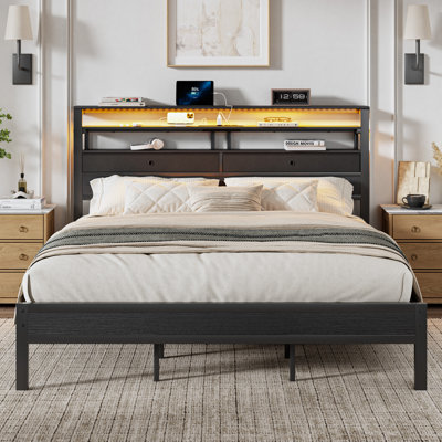 Carlisa Industrial Metal Bed Frame with LED Light and Storage Headboard with Charging Station
