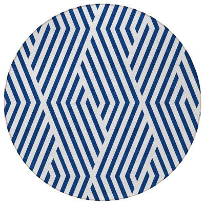 8' Round Navy and White Round Geometric Washable Non Skid Indoor Outdoor Area Rug