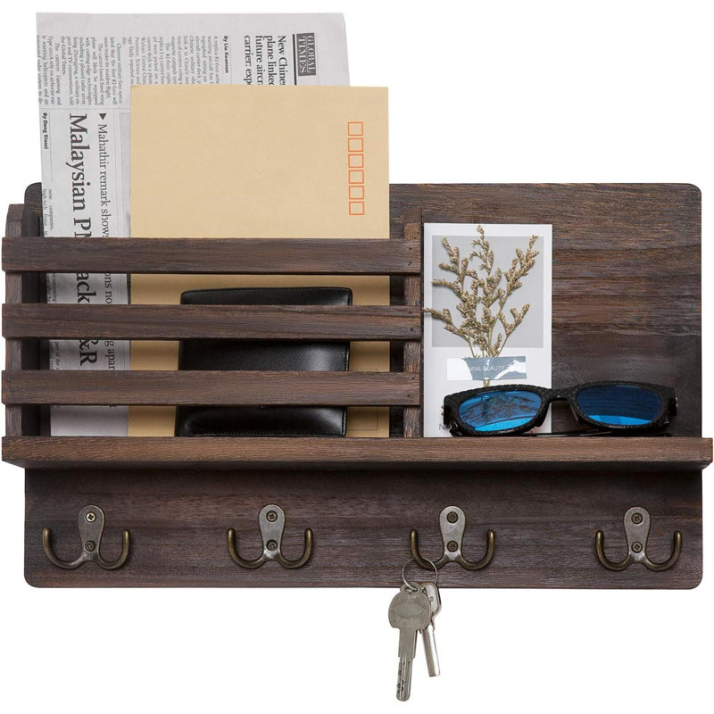 Porte-courrier mural en bois avec porte-clés et porte-clés avec 4 crochets à clés doubles et une tablette flottante, Brun