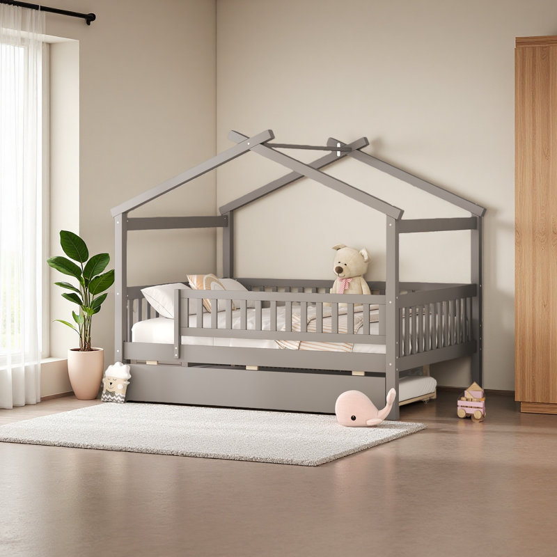 Wooden House Bed With Twin Size Trundle, Gray, Full