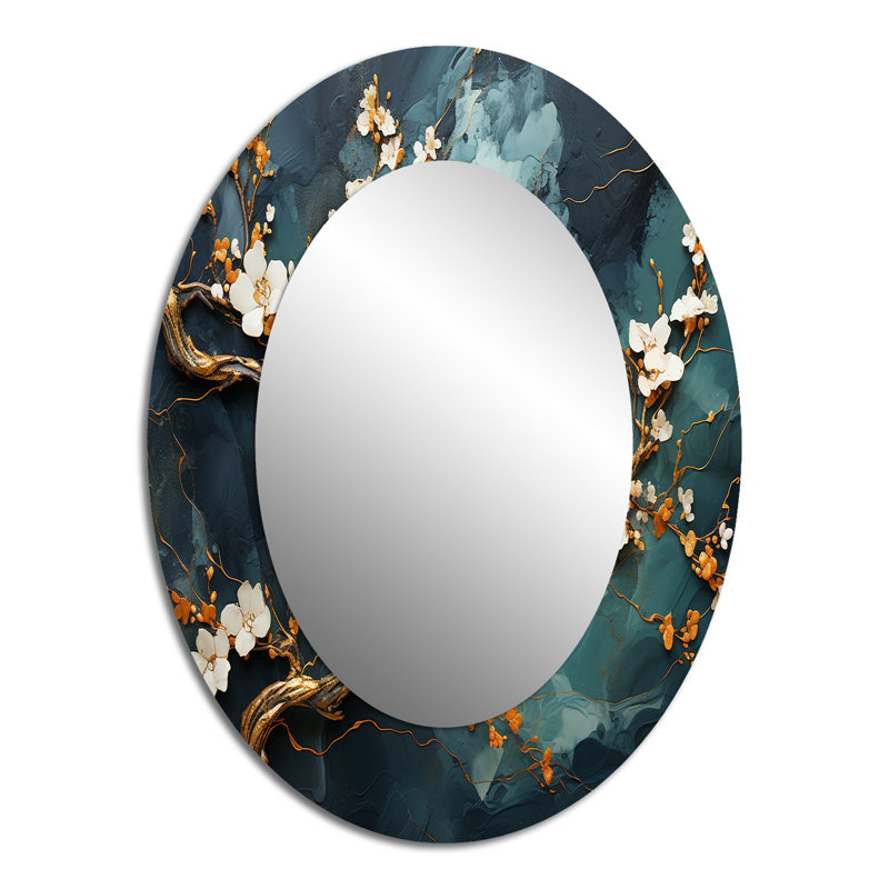 Or et vert abstrait marbre Aura V - miroir mural ovale moderne doré, 40 po x 30 po