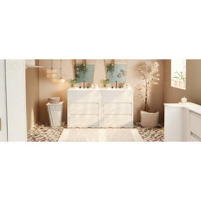 Ensemble de meuble-lavabo double 60 po, armoire de salle de bain avec deux lavabos en céramique séparés, tiroirs pleine extension et glissières de tiroir encastrées à fermeture en douceur