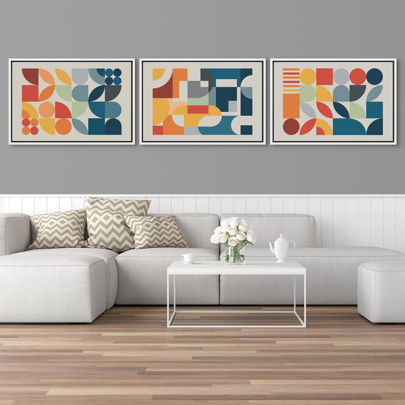 Abstract Vibrant Color Blocks " Bright Orange Mid-Century Modern Retro Shape Polygon " 3 - Pieces, White Framed