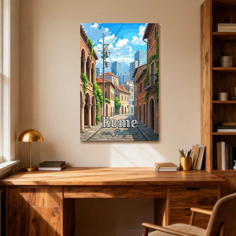 Scène de paysage urbain avec des bâtiments et des toits de la ville de Rome, Italie, H 40 po x l 28 po