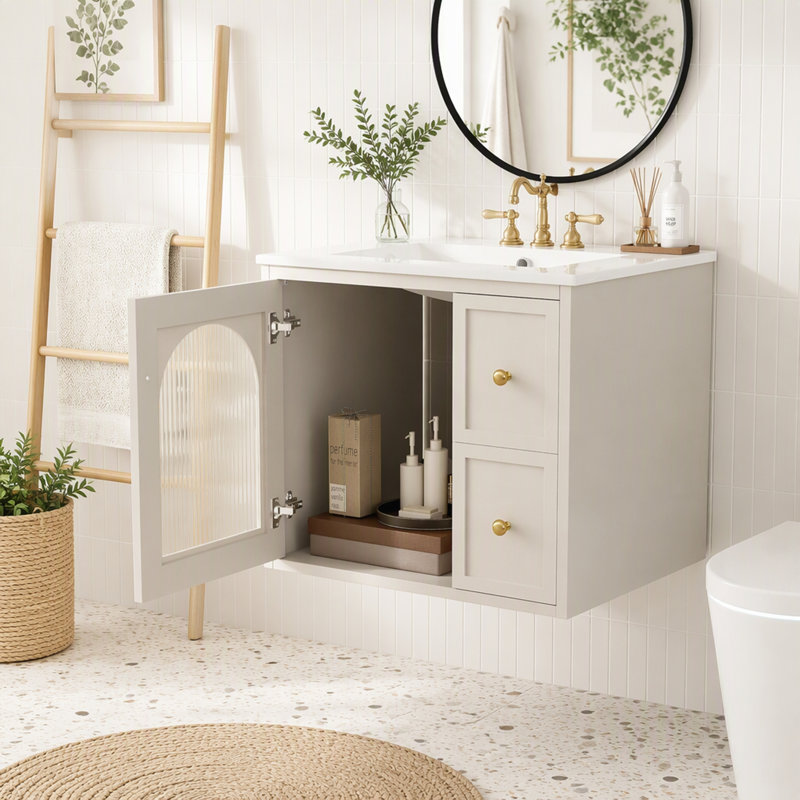 Meuble-lavabo de 61 cm avec lavabo en céramique, armoire murale à 1 porte et 2 tiroirs, structure en bois massif et MDF, style moderne et luxueux, noir