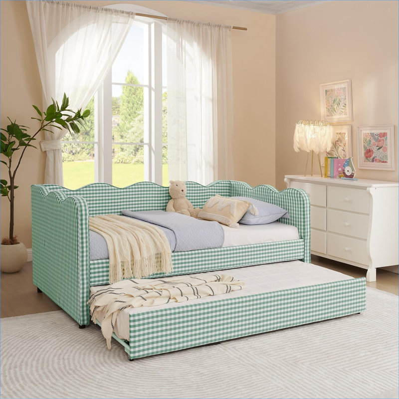 Lit de jour simple tapissier de style vichy avec couchette, canapé-lit en tissu de lin avec port USB, aucun sommier requis