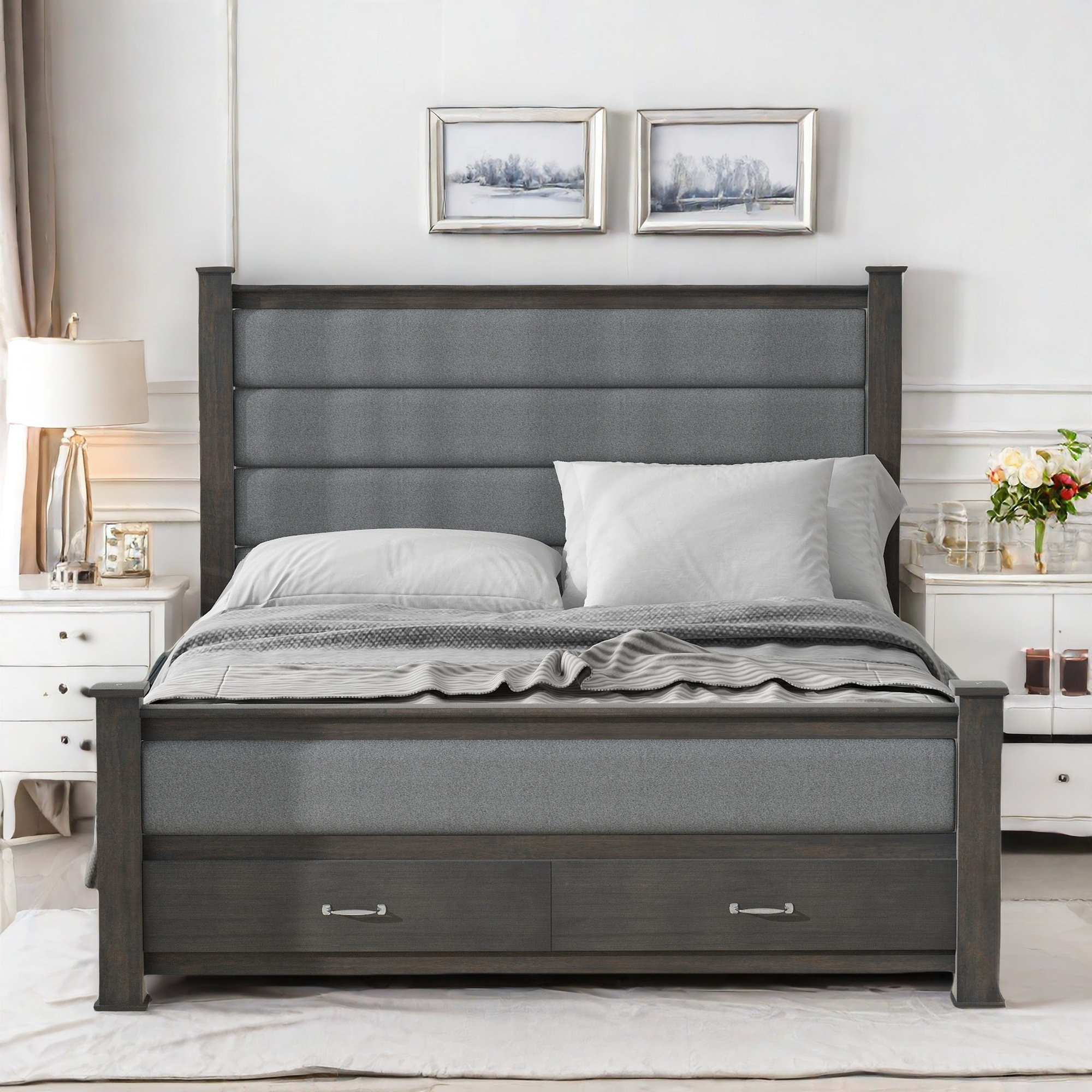 finessefurs Platform Bed With Upholstered Headboard, Footboard And 2