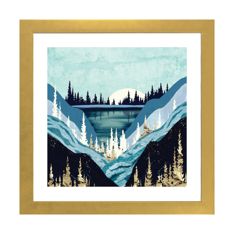 Blue Forest Lake - impression d'art graphique, H 24 po x l 24 po x p 1 po, Blanc, Papier encadré doré