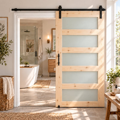 Porte de grange coulissante en verre noueux brut S&Z TOPHAND® 107 cm x 244 cm avec trousse de quincaillerie, 5 panneaux de verre trempé dépoli, assemblage facile à faire soi-même