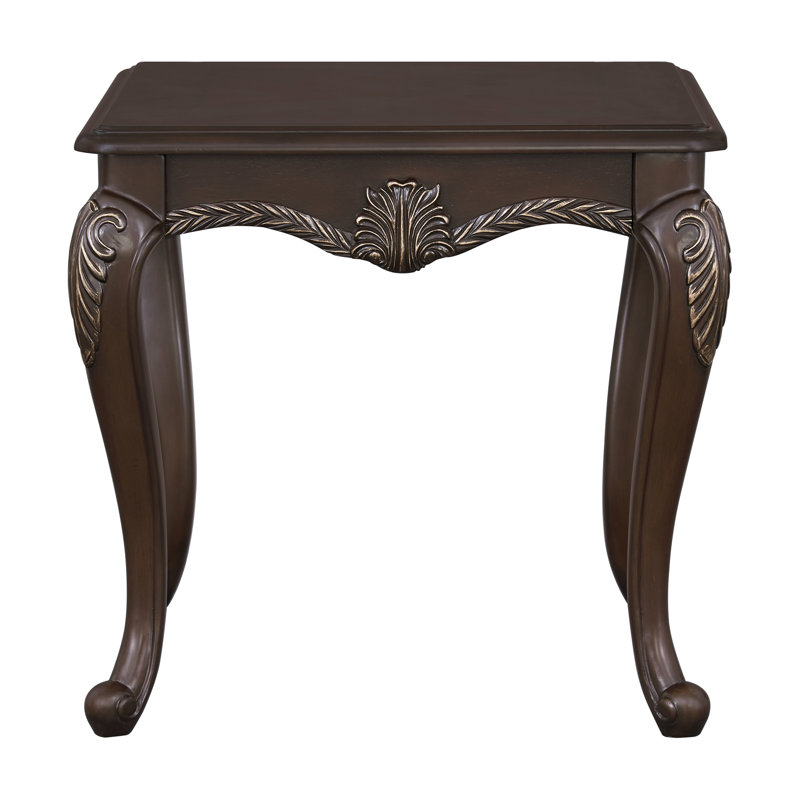 Élégante table de bout en cerisier avec détails à boutons, plateau en bois de 25 mm d'épaisseur, console à finition limitée au poids de 40 lb, structure intérieure et détails floraux complexes