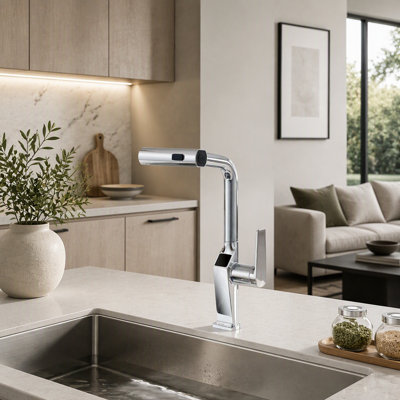 Robinet de cuisine chromé sans contact avec affichage DEL, capteur de mouvement et douchette extractible à 3 fonctions pour un confort moderne.