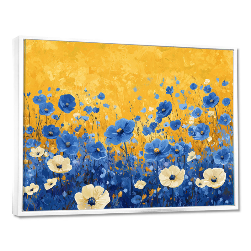 «Ison Blue Golden Wildflower Meadow Scenery II», art mural fleurs sauvages, H 12 po x l 20 po, Avec cadre, Blanc