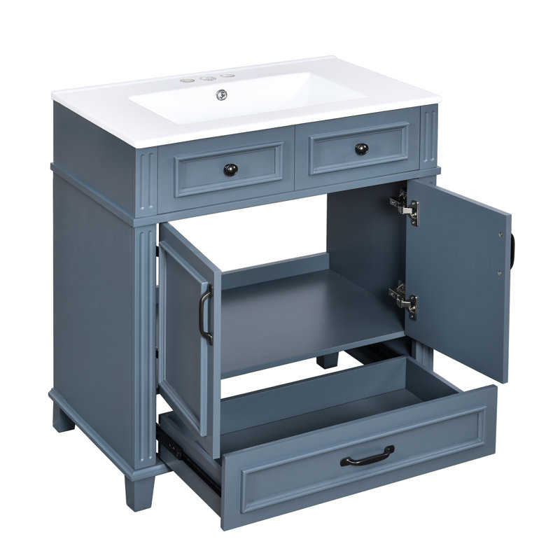 Meuble-lavabo de salle de bain rétro 30 po avec structure en bois massif, lavabo en céramique, planches, mécanisme de fermeture en douceur, beaucoup de rangement, quincaillerie exquise, meuble-lavabo à glissière à tiroir lisse, conception, lavabo brillant, portes,