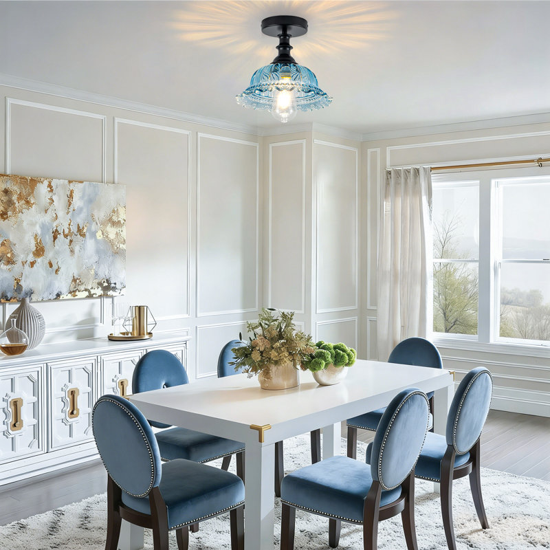 Plafonnier encastré en verre floral 1 lumière rétro, 9,8 po de diamètre, base E26, Bleu, Noir mat