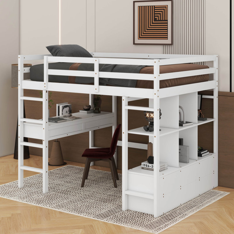 Lit mezzanine double avec bureau et tiroirs, Blanc